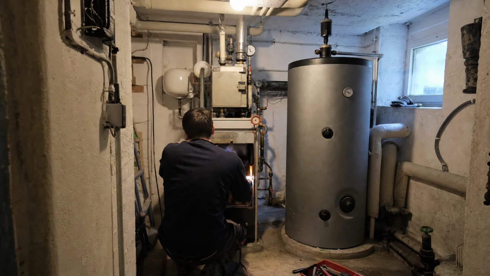 Heizungskeller mit altem Gaskessel und neuem Pufferspeicher