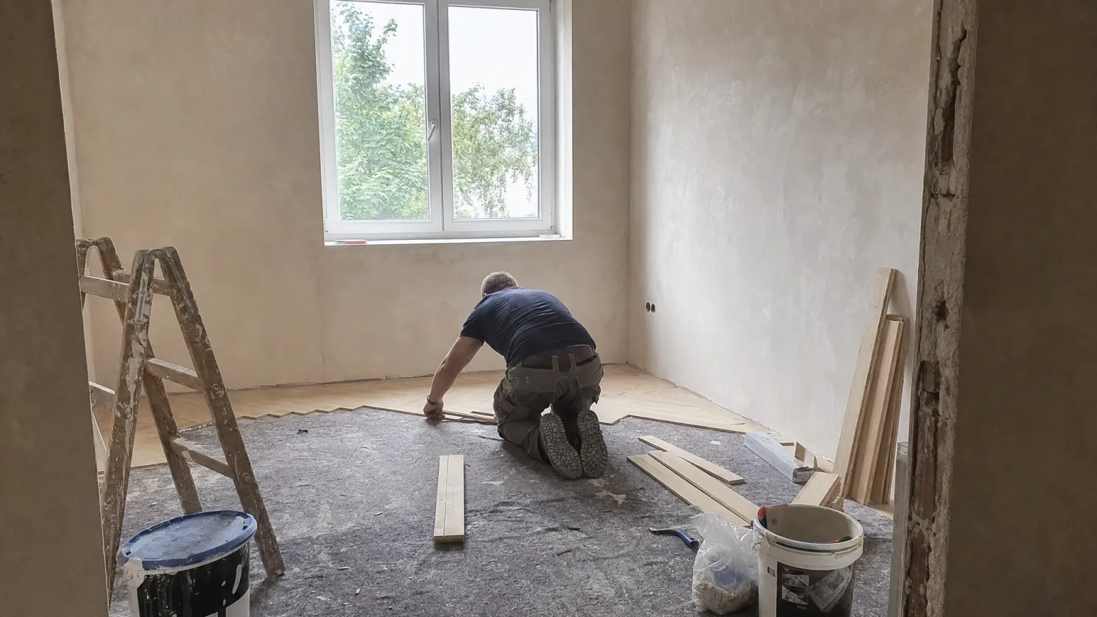 Handwerker verlegt Parkett in einer Wohnung während der Sanierung