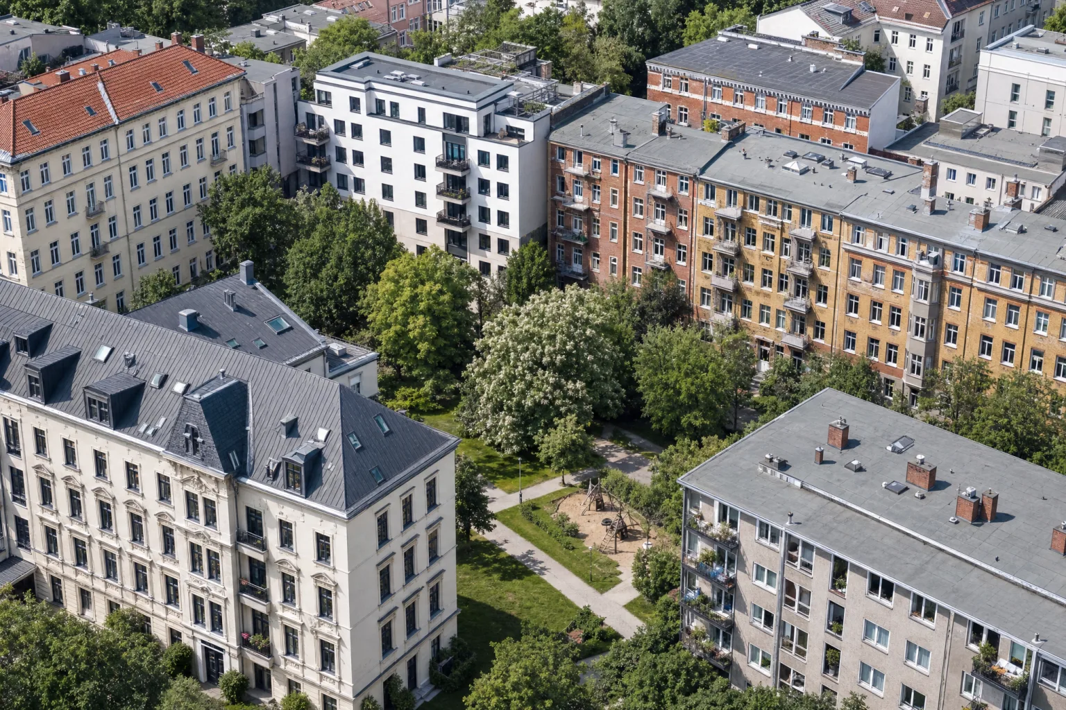 Foto: Blick über ein Wohnquartier mit Innenhöfen und Bäumen