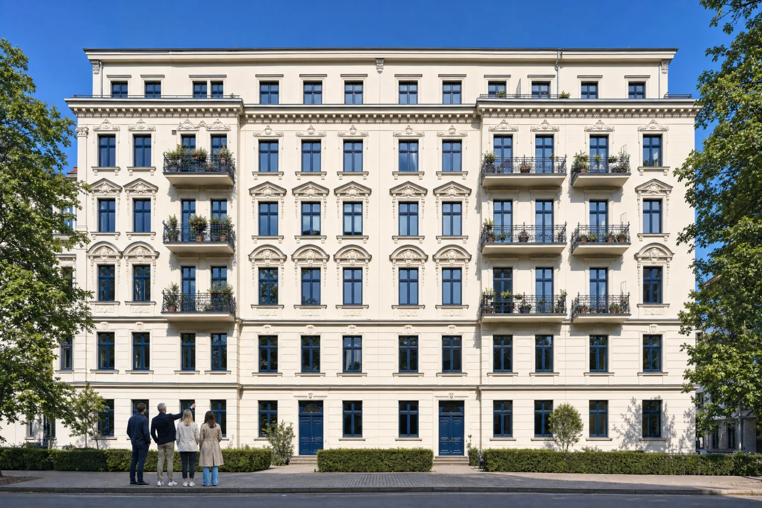 Foto: großes Gründerzeit-Mehrfamilienhaus, davor eine kleine Gruppe von Eigentümern im Gespräch