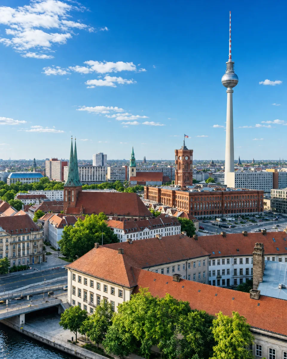 Berliner Stadtpanorama mit Fernsehturm und Rotem Rathaus